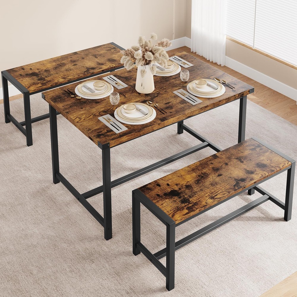 3 Piece Dining Room Table Set for 4 Modern Dinette Kitchen Table and 2 Benches
