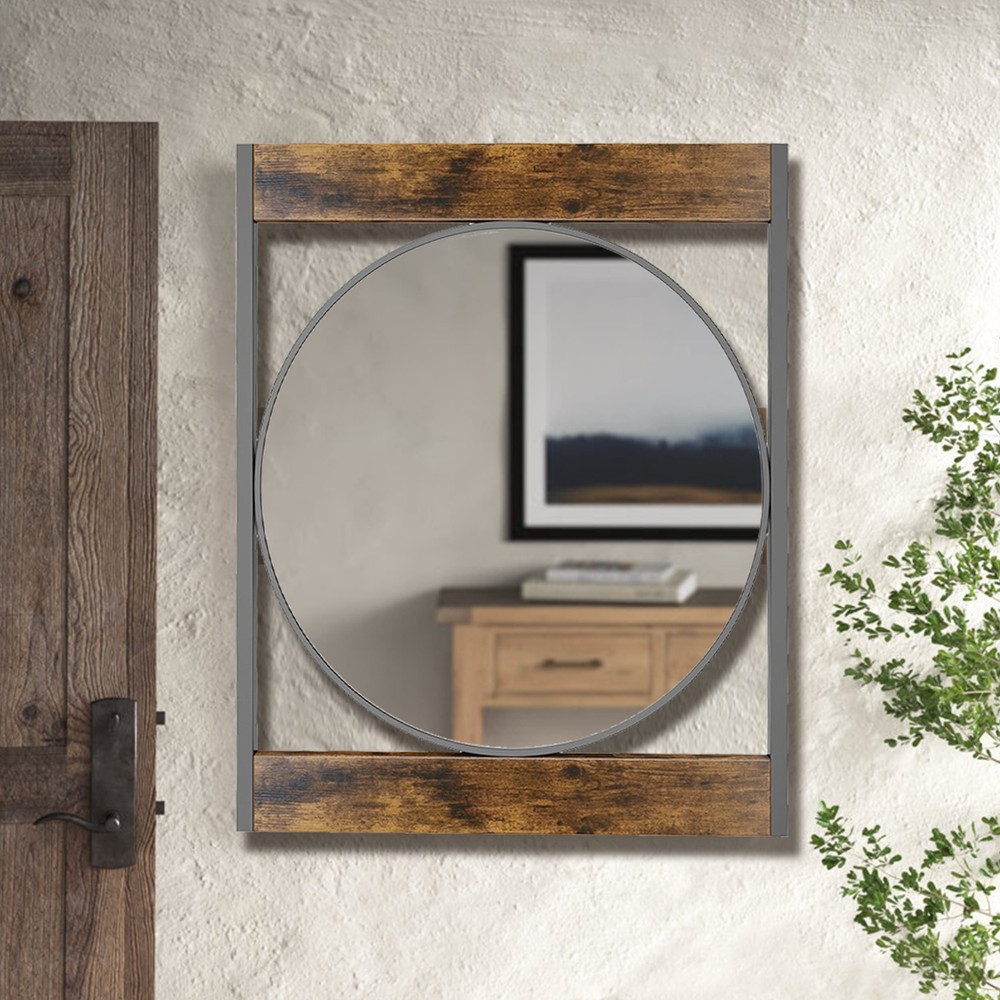 Rustic Farmhouse Black Metal & Solid Wood Frame Accent Mirror Decorative Mirrors