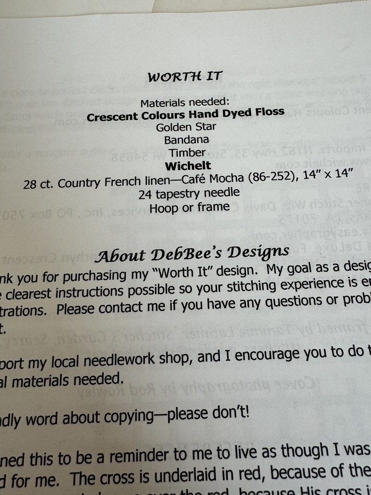 DebBees Designs Needlepoint Pattern Religious Worth It 2004 6” Floss Chart Kit