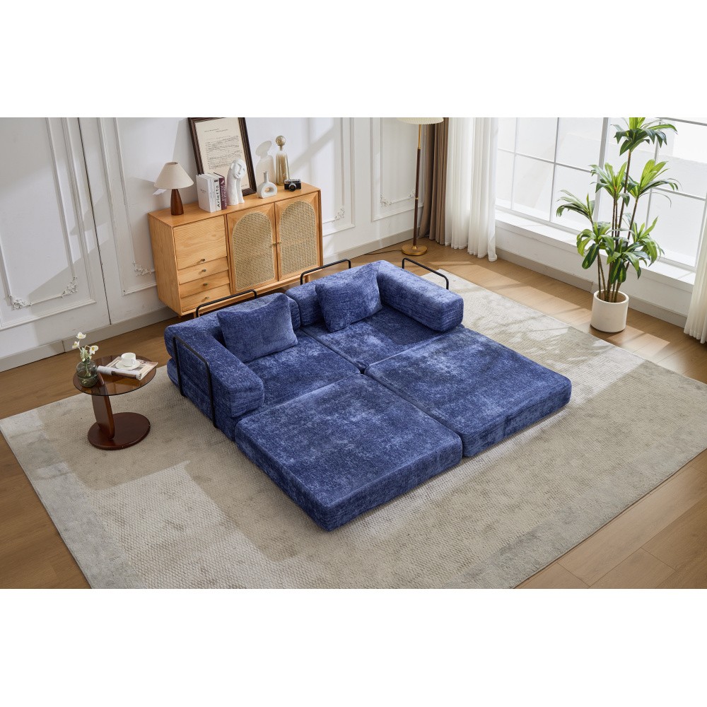 Foldable Sofa Bed with Memory Foam - Dark Blue Chenille Fabric