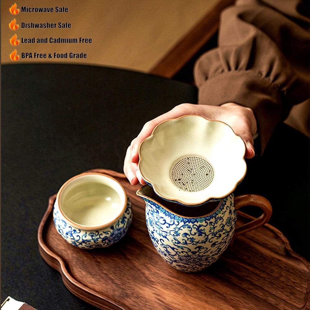 Ceramic Tea Infuser Strainers With Support Holder Saucer Blue And White