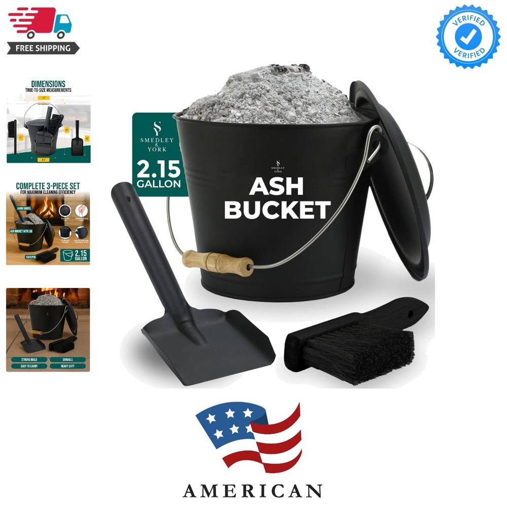 Black Ash Bucket with Lid, Complete Fireplace Tools Set, Includes Pail, Shove...