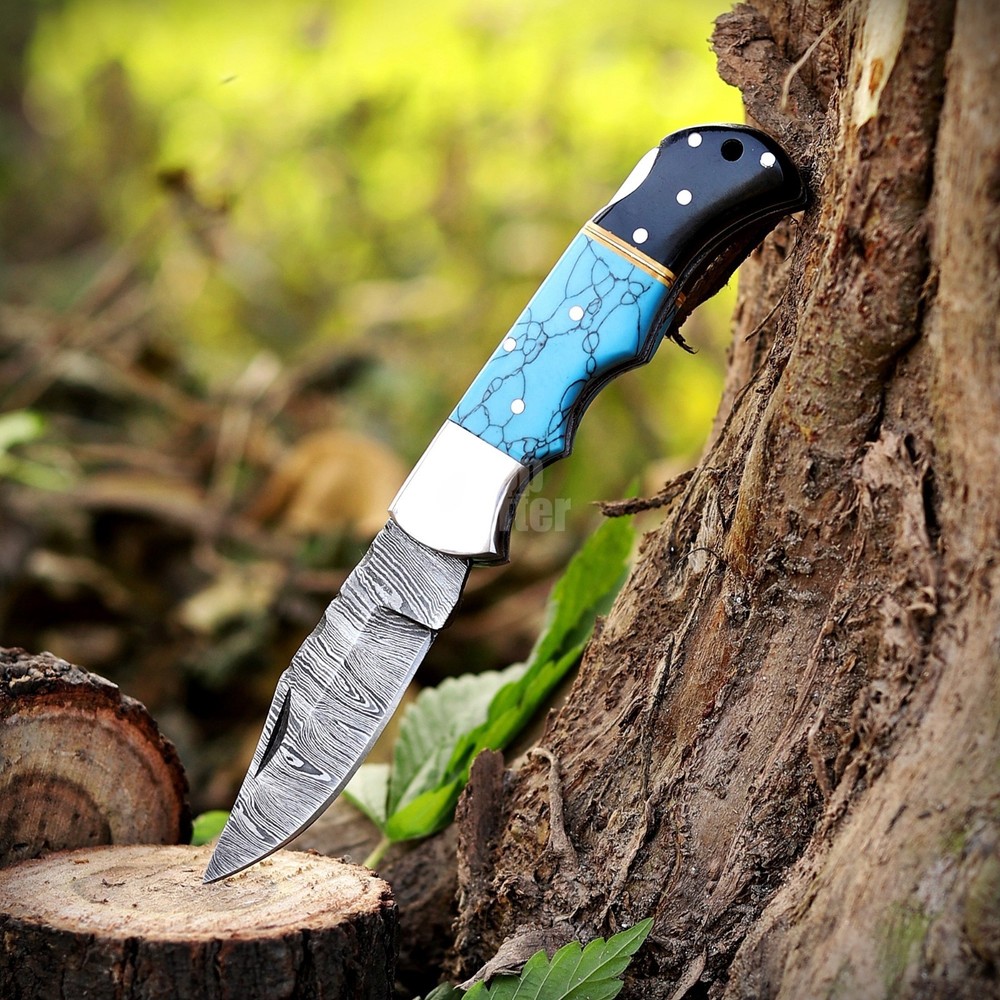 Handmade Damascus Folding Knife, Turquoise Stone Handle Leather Sheath Sharpner.