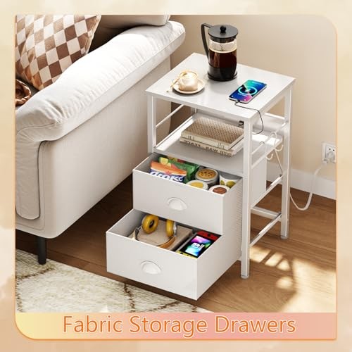 End Table with Charging Station, Nightstand with Fabric Drawers, 1 pc White