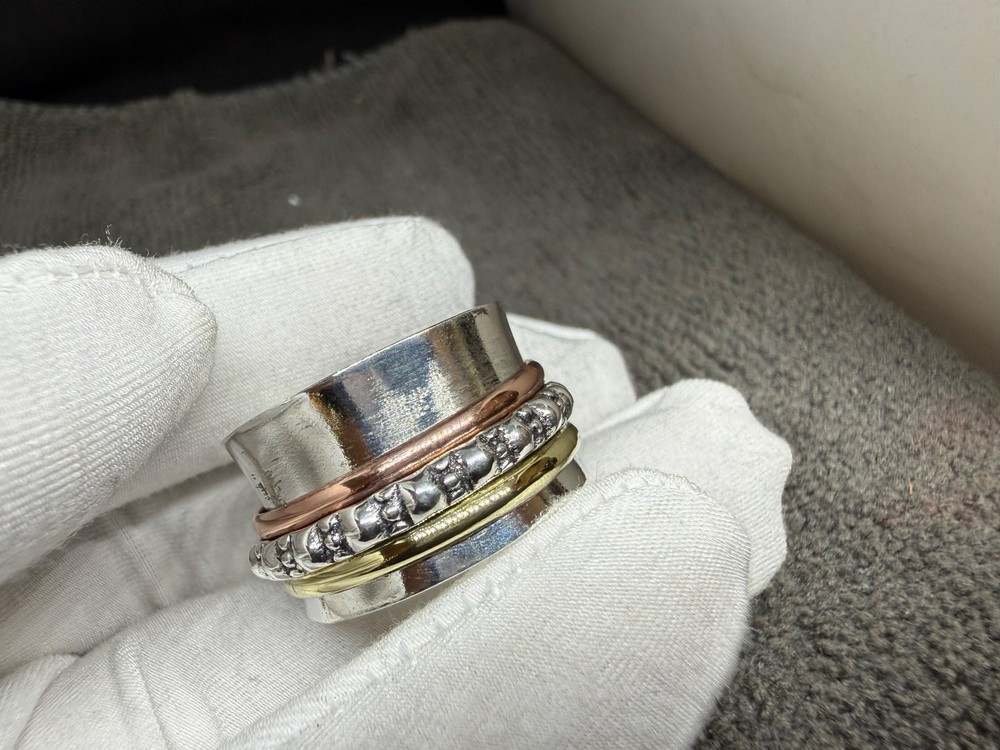 Solid 925 Sterling Silver Boho Multi-Metal Spinner Textured Fidget Band Ring