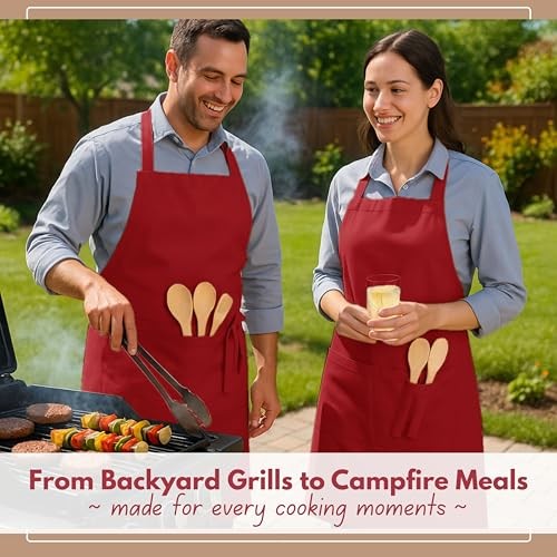 Kitchen Apron 2 Pack - 100% Cotton Adjustable, Durable Apron with Pockets, Red