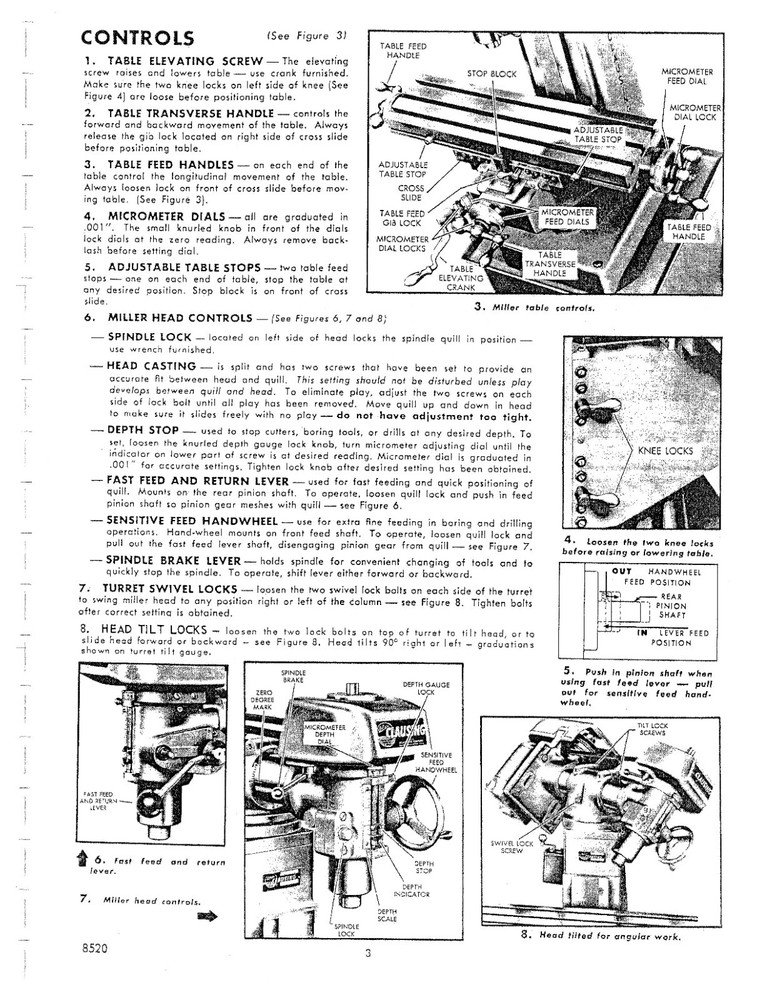 8520 Vertical Milling Operator Instruction & Parts Manual Fits Clausing 8525 C85
