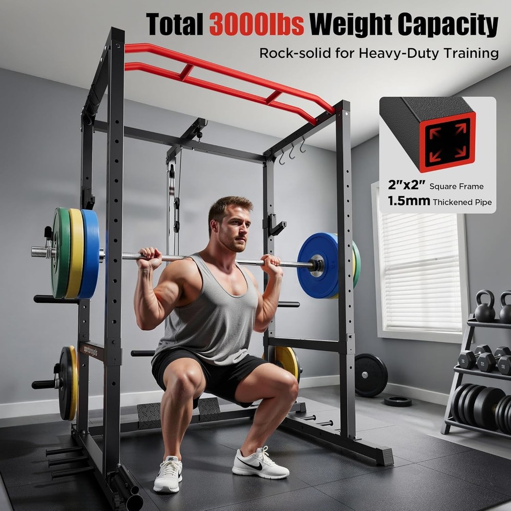Power Rack, Multi-Functional Power Cage, Squat Rack with Pulley System