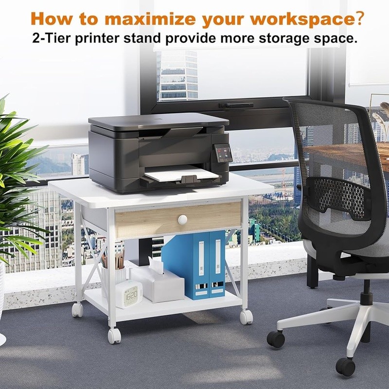 2 Tier Printer Stand W/ Rolling Casters Under Desk Storage Printer & Scanner New