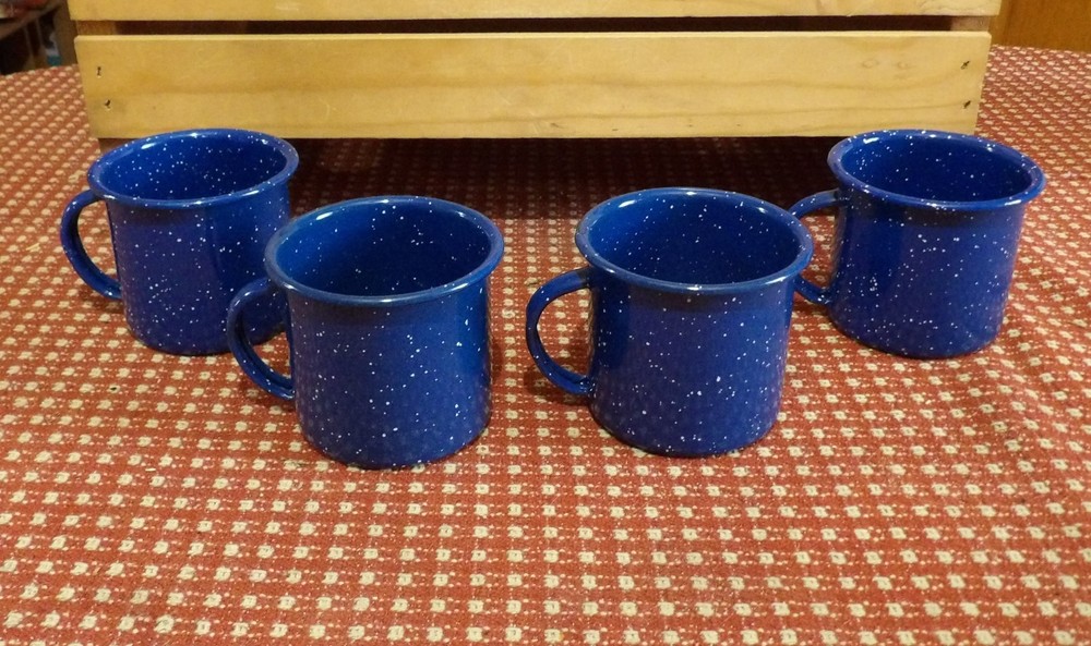 28 Piece Set of Enamelware/Graniteware Blue Speckled Camping Dinnerware.