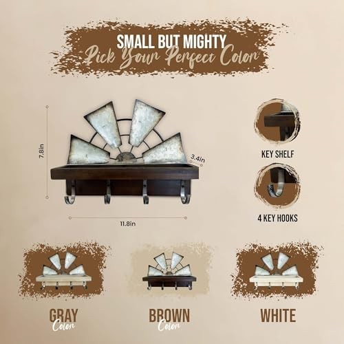 Rustic Windmill Key Holder Wall Mount - Decorative Mail Rack with Shelf & 4 Hook