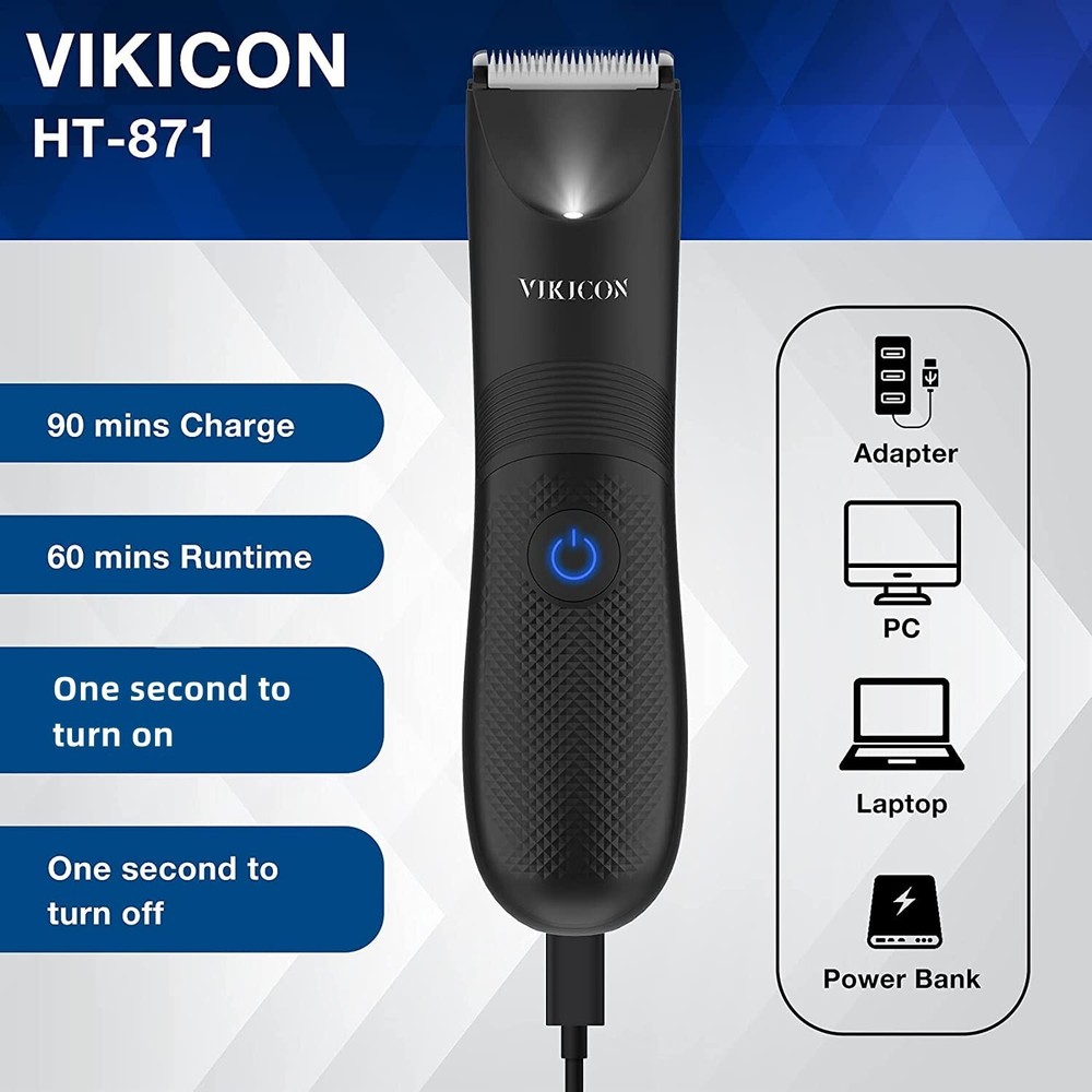 VIKICON Manscape Trimmer for Men - IPX7 Waterproof Ball w/Light Black