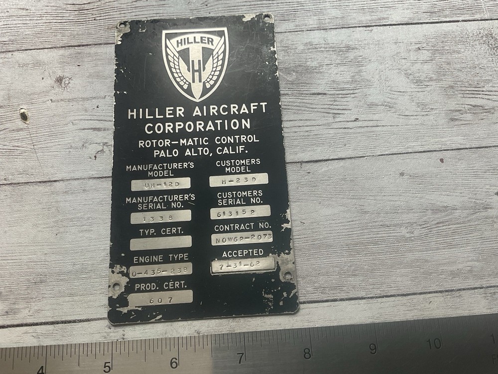 ORIGINAL 1962 HILLER H-23D HELICOPTER DATA SPEC NAME PLATE