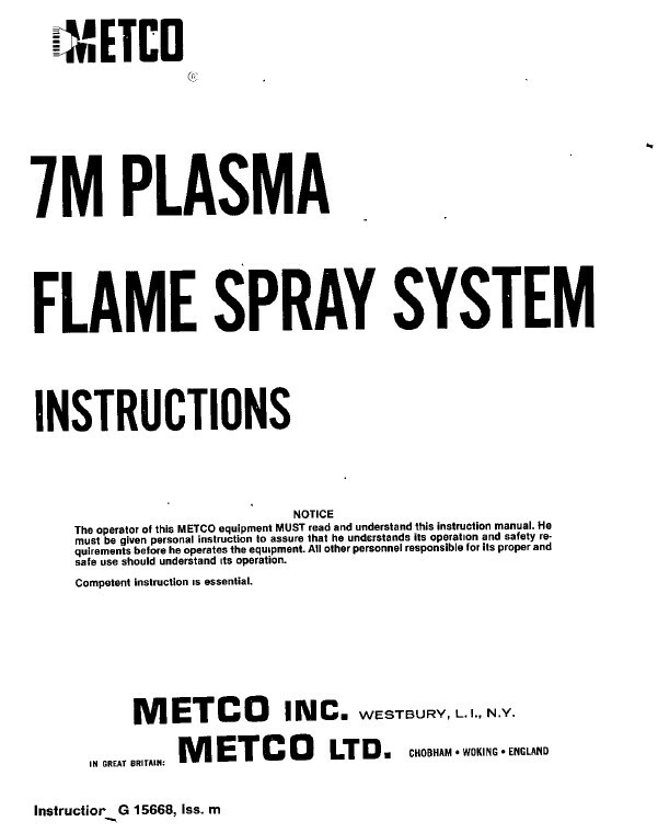 Metco Equipment Manuals and Parts Lists 7MC 9MC DJC