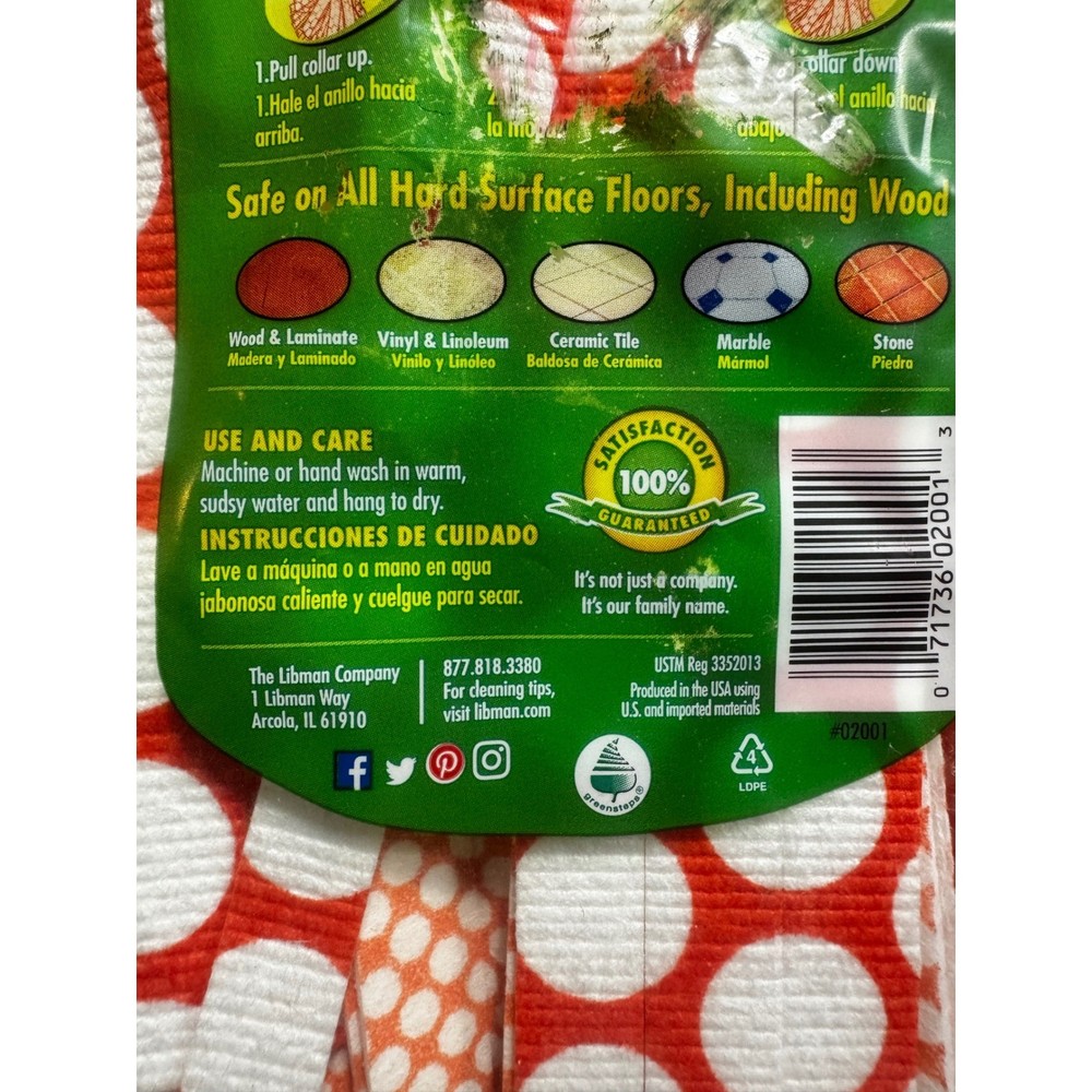 Libman Wonder Mop Refill Microfiber Gripstrips Machine Washable Red White 2001