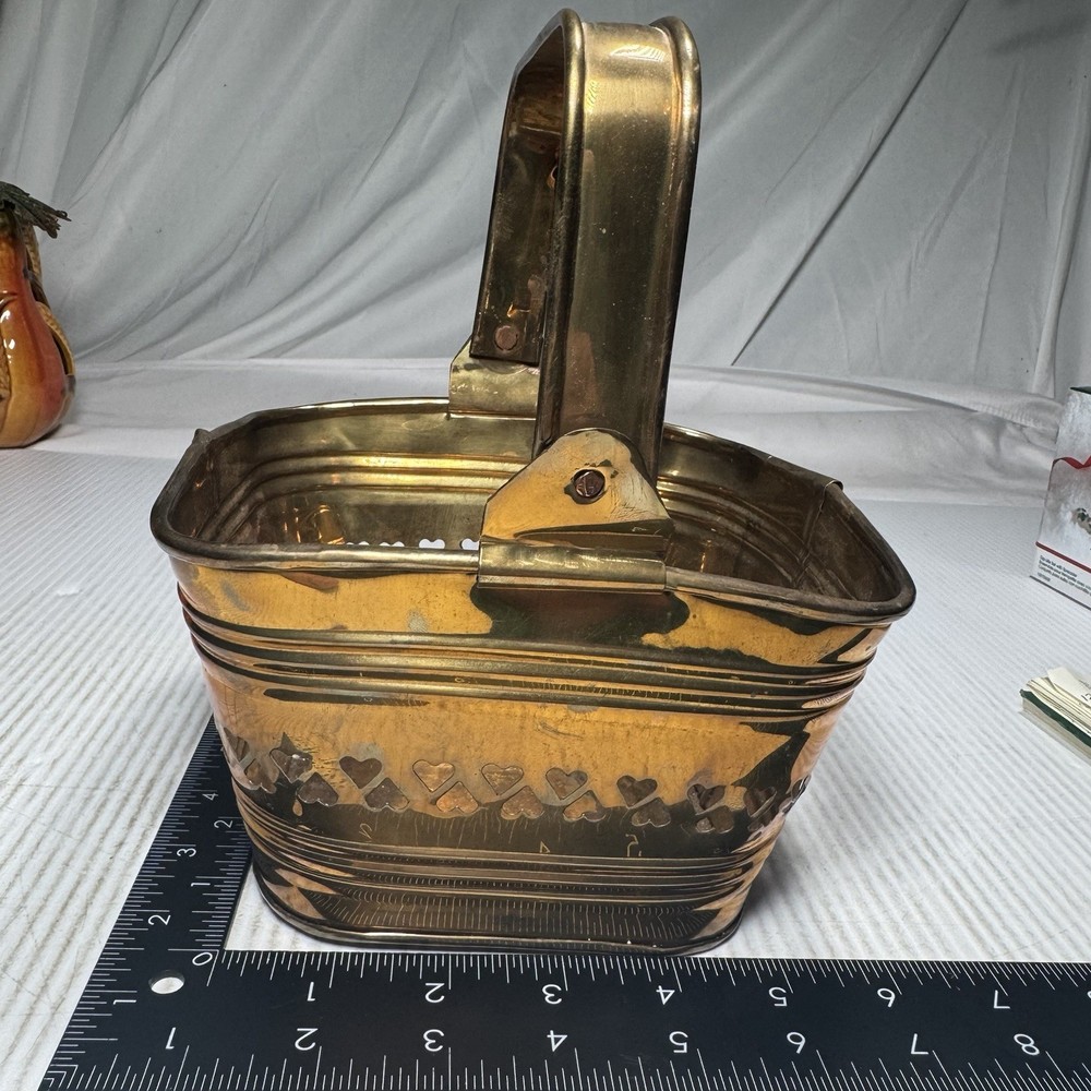 Vintage Solid Brass Basket W Hearts And Moveable Handle Square Made In India