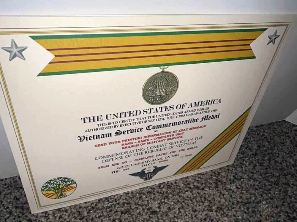 VIETNAM SERVICE MEDAL COMMEMORATIVE CERTIFICATE ~ W/PRINTING TYPE-1
