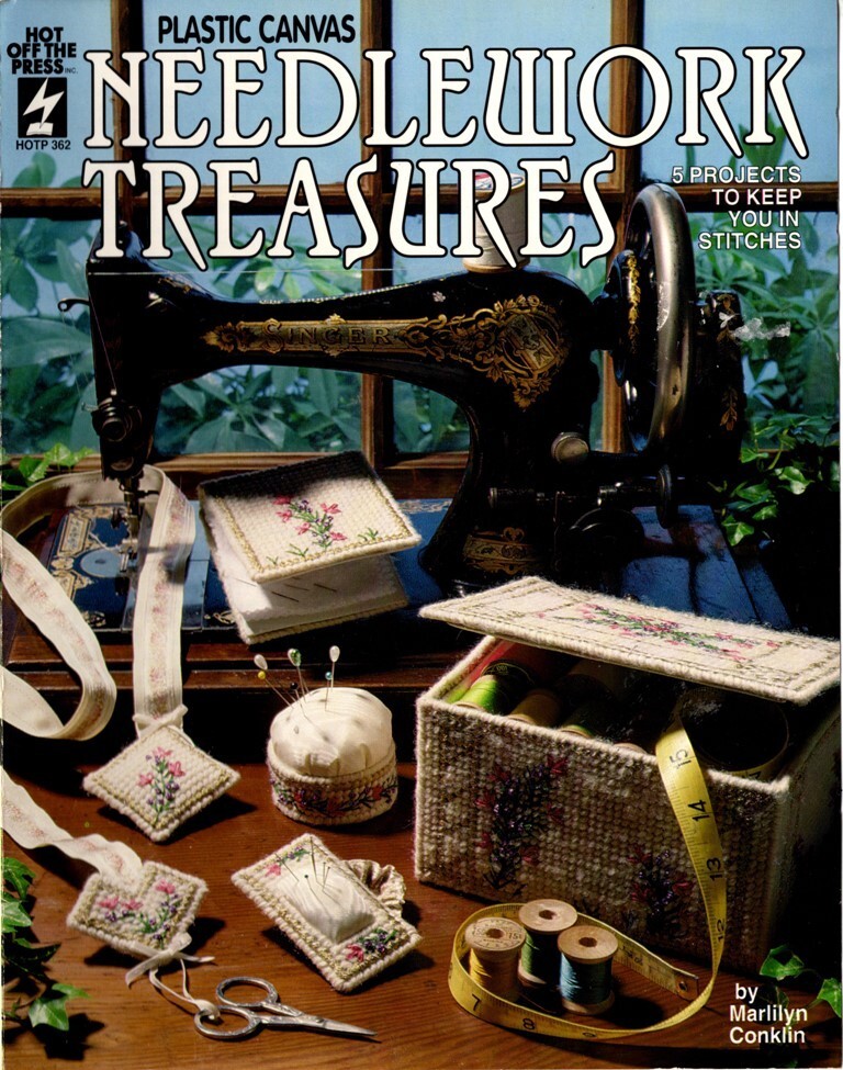 NEEDLEWORK TREASURES Plastic Canvas PATTERNS Sewing Box PIN CUSHION Needle Book