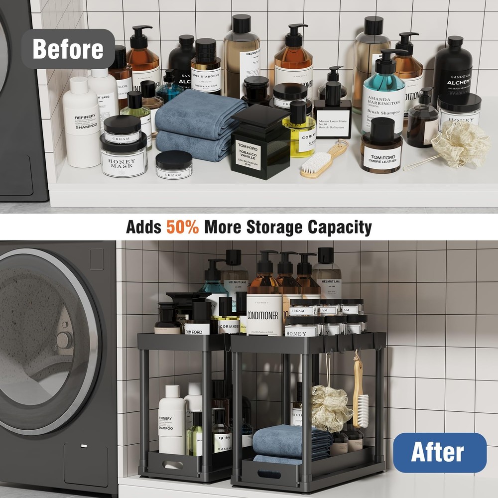 POUGNY 2 Pack Pull-Out Storage Organizers, Under Sink 12.8IN, Black PRO