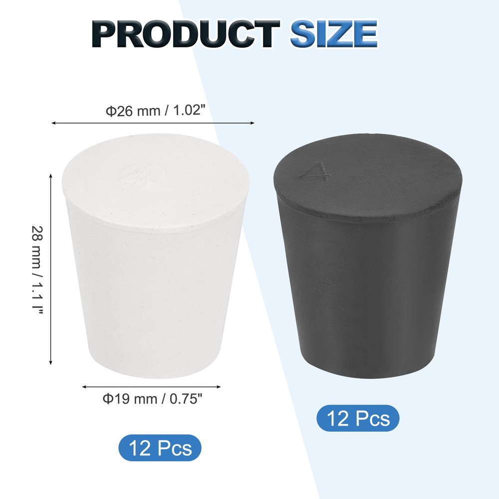 24 Pcs Solid Rubber Stopper Size 4#-26mm x 19mm - 28mm Long, Black/White