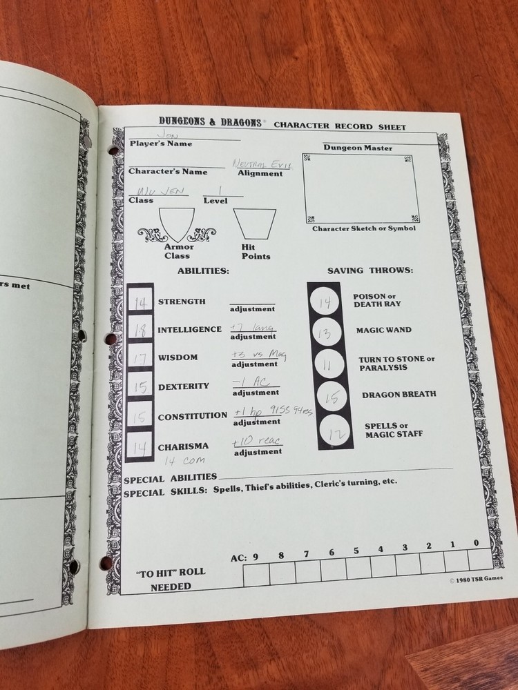 D&D Player Character Record Sheets TSR 9037