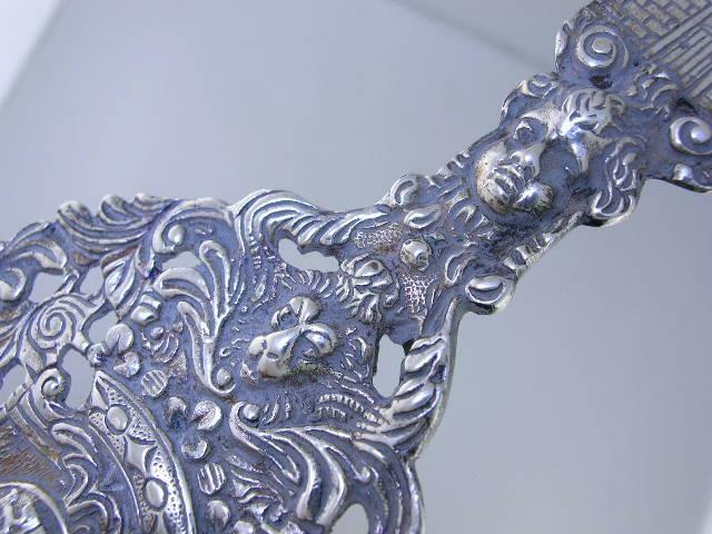 Old Dutch .833 Silver Unusual Serving Fork Windmill handle face lion head ornate