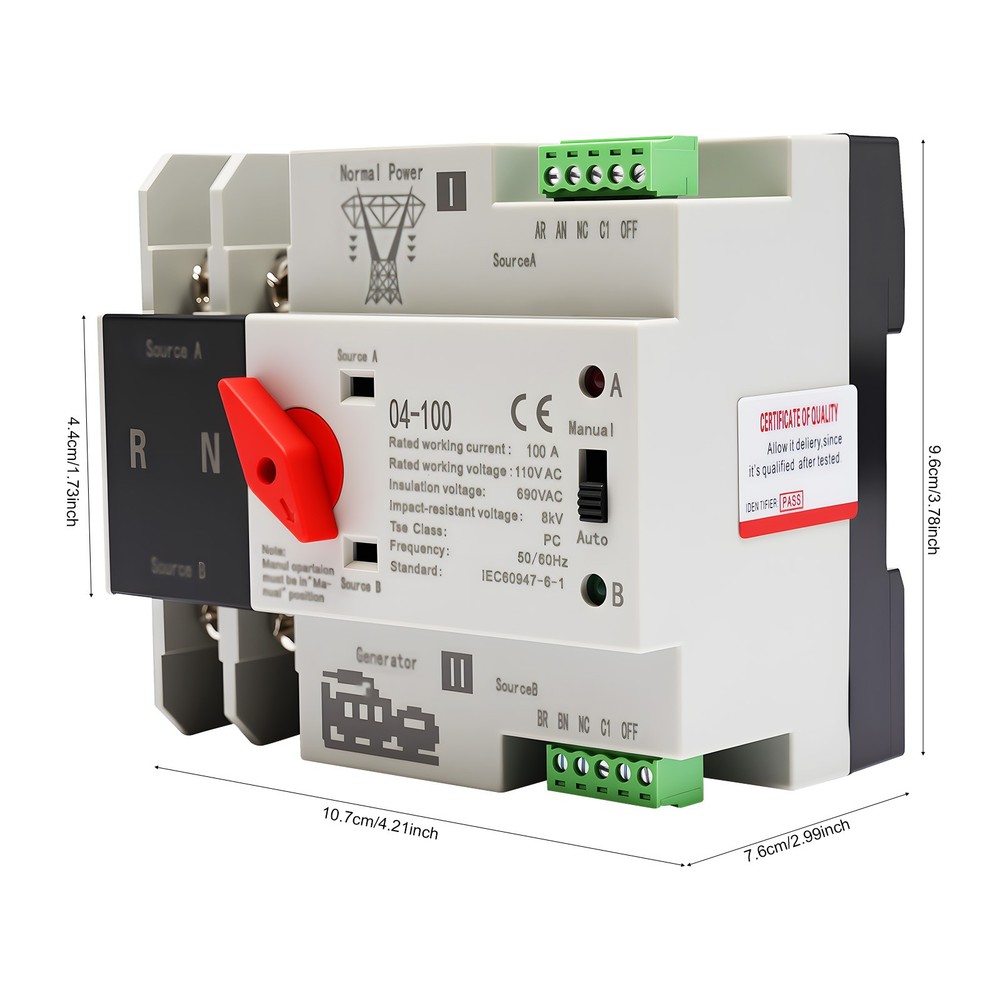 DIN Rail Mount Dual Power Transfer Switch, 2P 100 Amp Automatic Transfer Switch