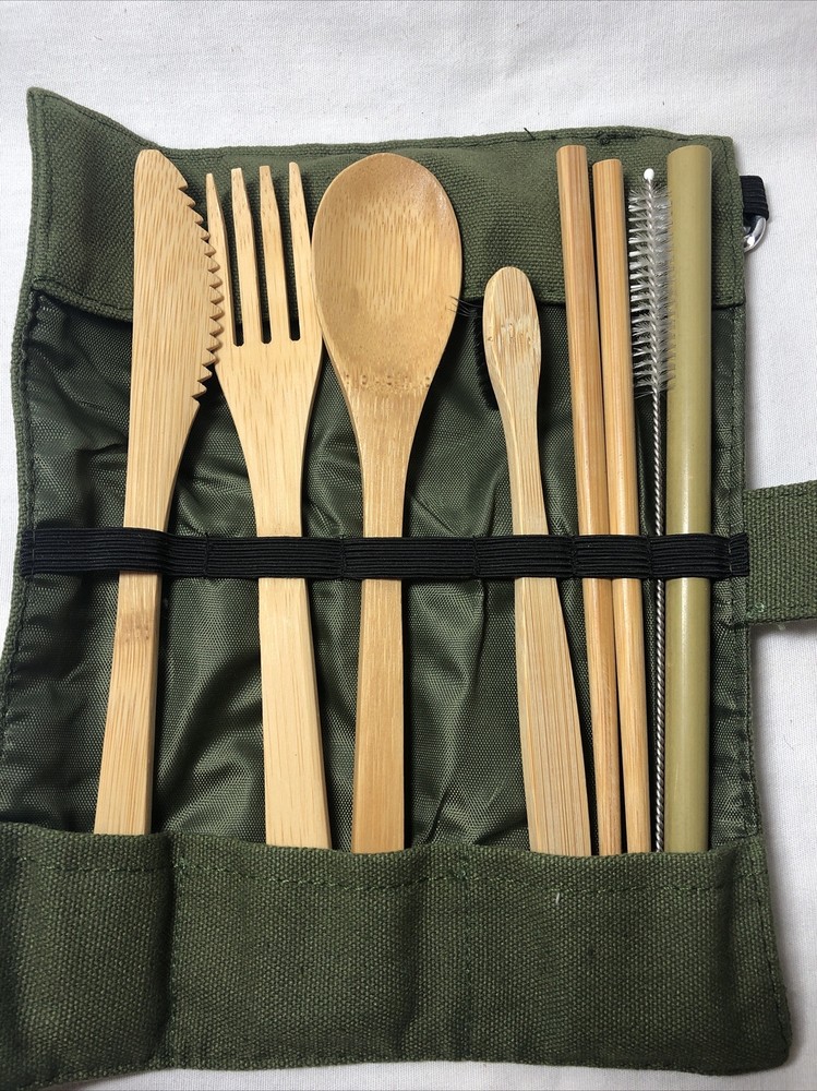 Solid Bamboo Individual Silverware Straw Chopsticks Set Roll up Case & 2 Brushes