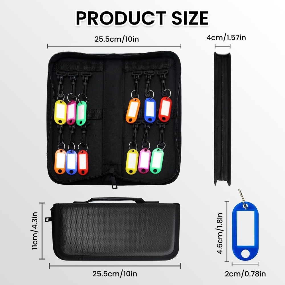 Zippered Key Case with Handle Key Organizer Waterproof 12 Key Hooks Tags