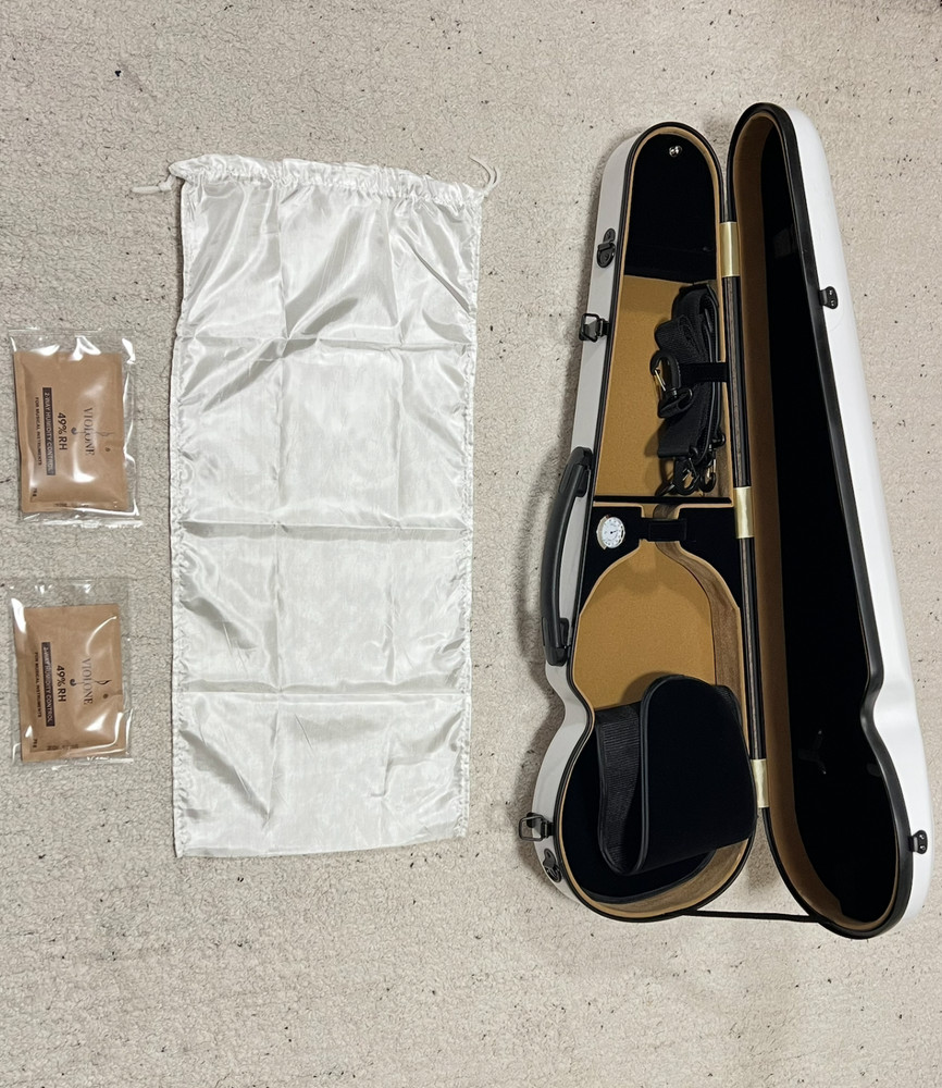 4/4 Violin Hard Case Polycarbonate White Sleeve Cover & Humidity Pack Bundle Set
