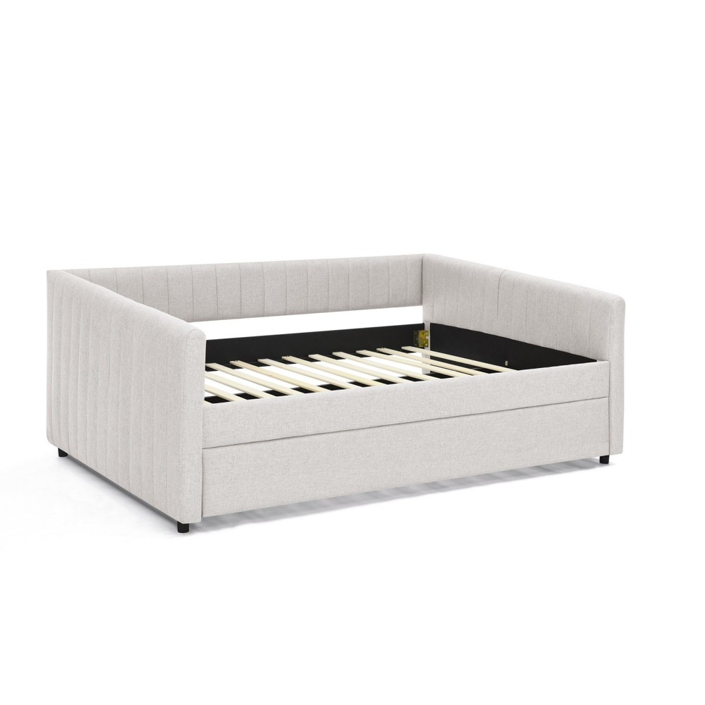 Full Daybed Modern Linen Upholstered Bed Frame Sofa Bed w/ Pull-Out Trundle