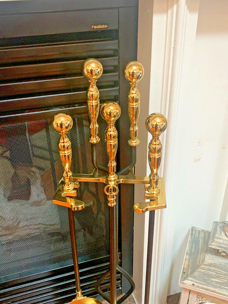 Gold & Black cast iron fireplace tool set with stand