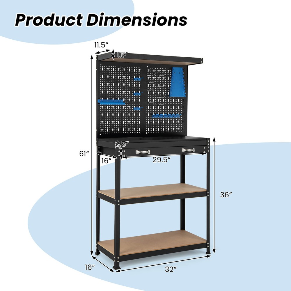 Workbench w/ Pegboard, Shelves & Drawers Versatile Tool Organization Work Table