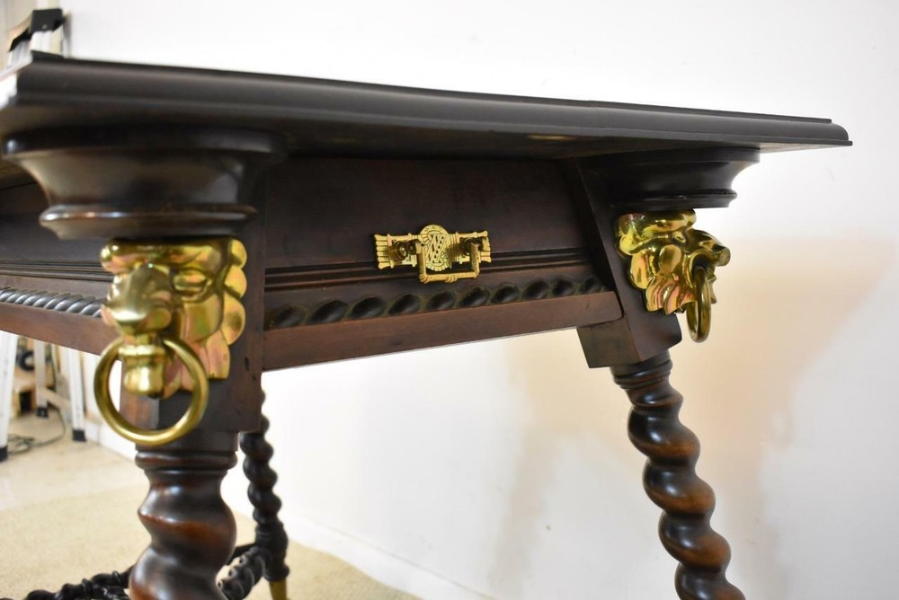 Antique Solid Mahogany Library Table Rope Turned Legs Lion Head Details