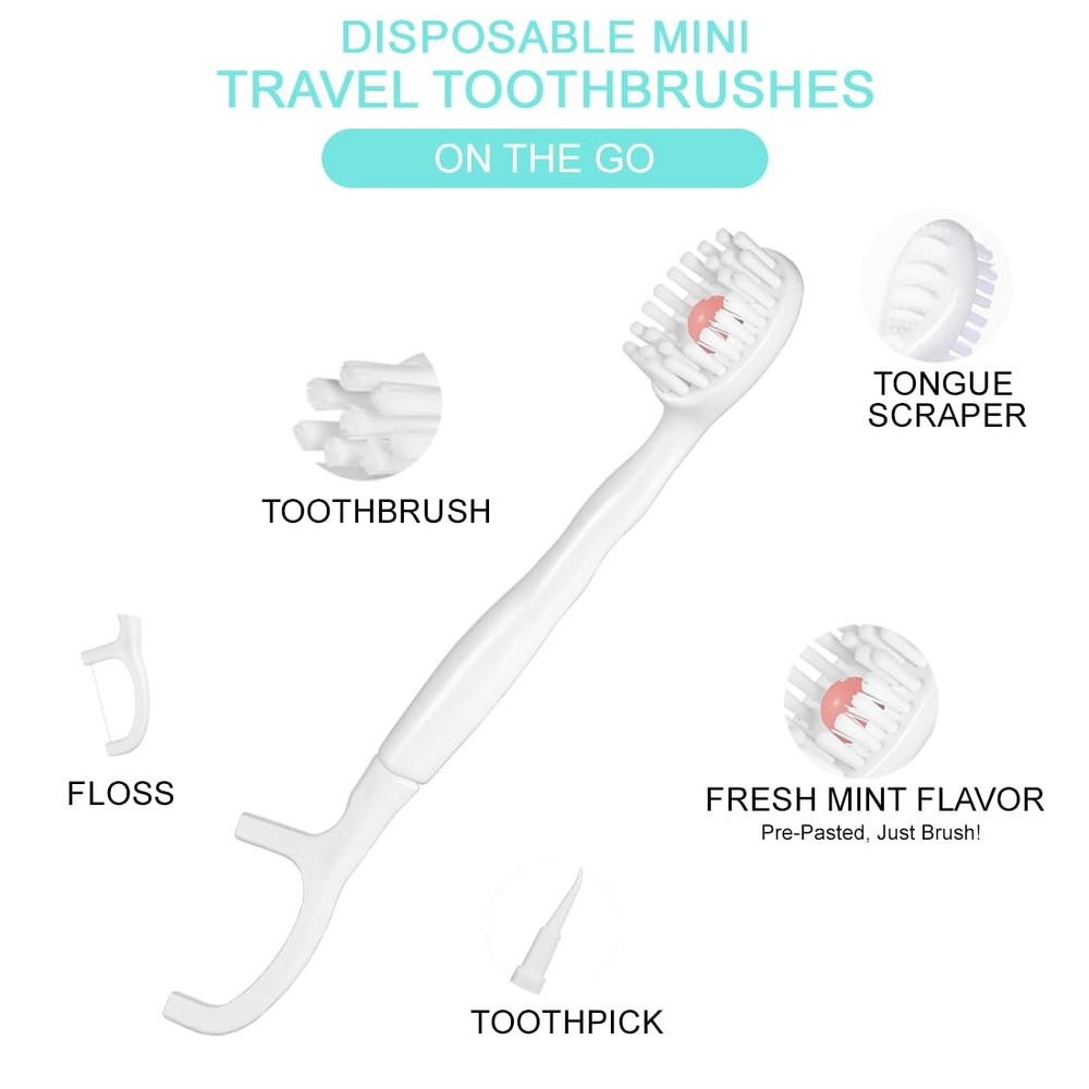 5 in 1 Disposable Mini Toothbrushes with Toothpaste Tongue Scraper Floss Pick...
