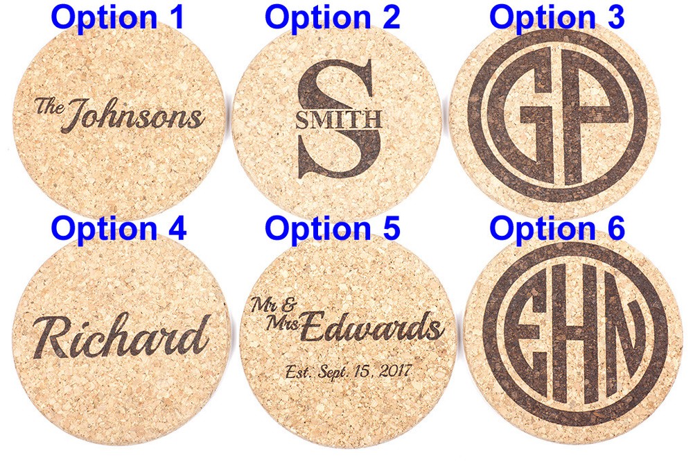 2 Personalized Drink Coasters, Engraved Natural Cork Coasters, Customized Gift