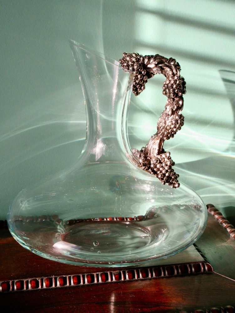 Wine Decanter Sterling Silver Grape Vine Handle Hand Blown Art Glass, Signed