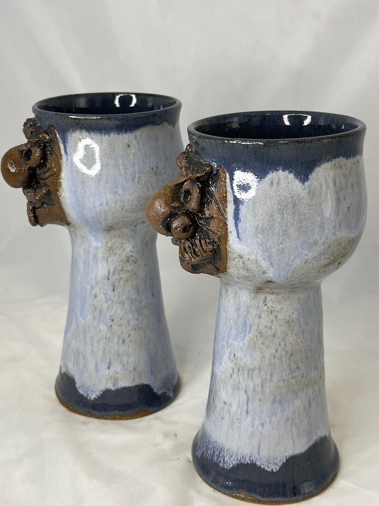 Studio Pottery Ugly Funny Face Wine Goblets