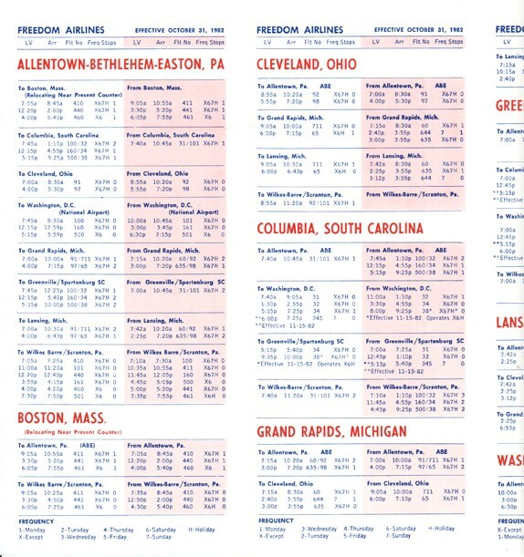 Freedom Airlines timetable 1982/10/31