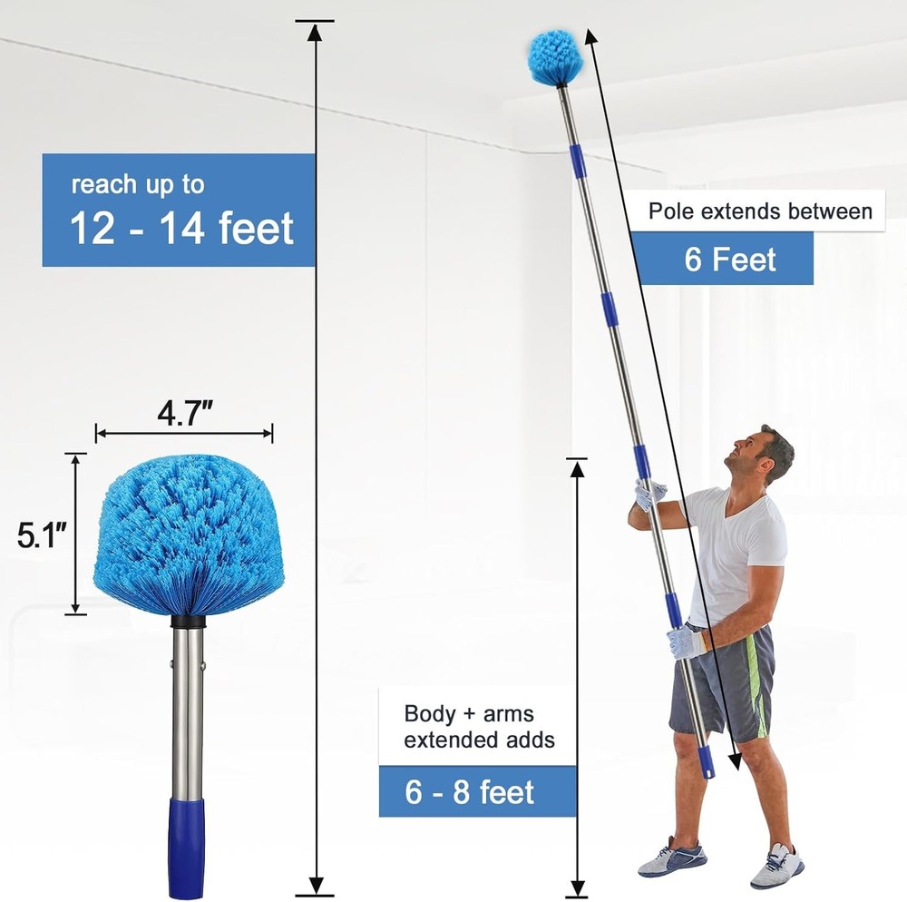 Cobweb Duster with Extension Pole, 6FT Adjustable Stainless Steel Handle & 360°