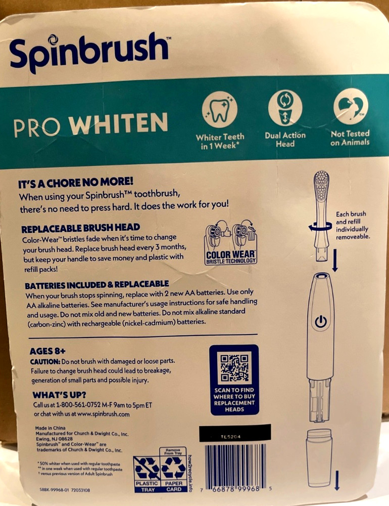 Spinbrush PRO Whiten Dual Action Head 2 Brushes -Plus 4 Refill