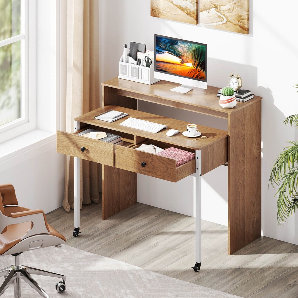 Extendable Computer Desk W/ Large Storage Space Workstation w/Drawer & Wheels