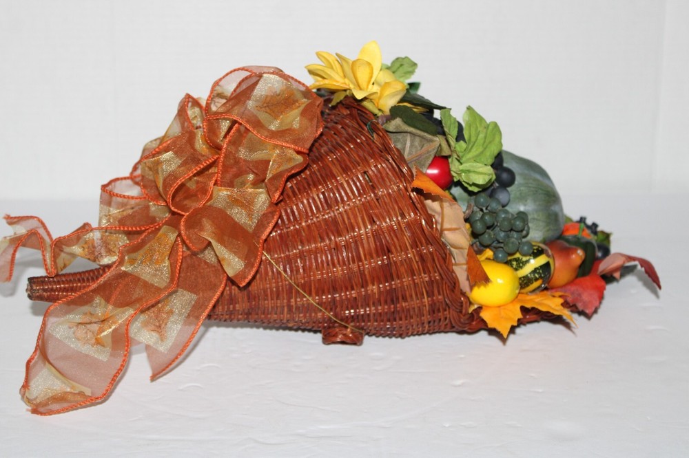 Cornucopia in Wicker Basket with Artificial Fall Thanksgiving Flowers