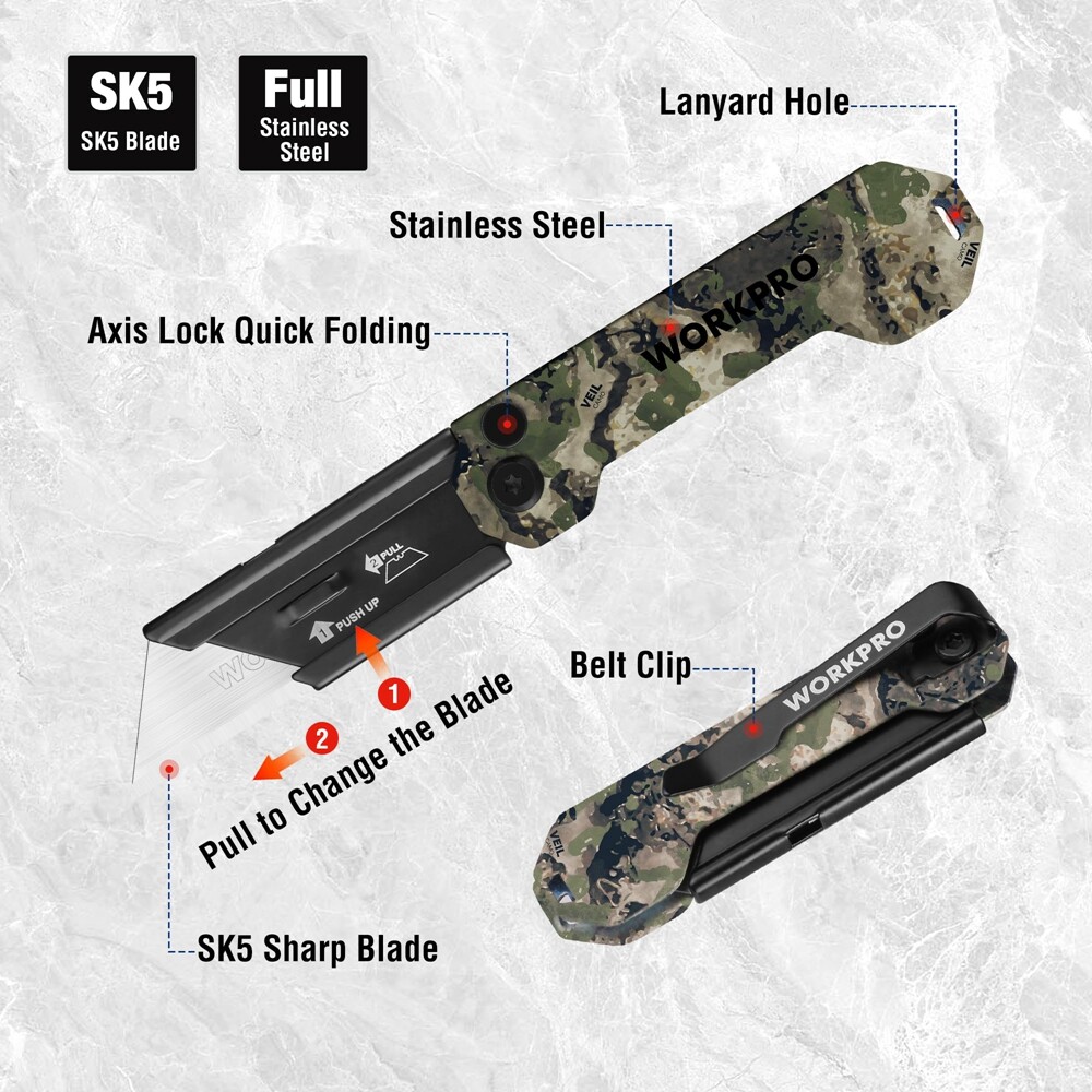 WORKPRO 3PACK Folding Utility Knife Set Axis Lock Box Cutter with Belt Clip Camo