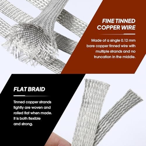Flexible Tinned Copper Braid Cable Shielding Sleeve Ground Straps - 28ft Expanda