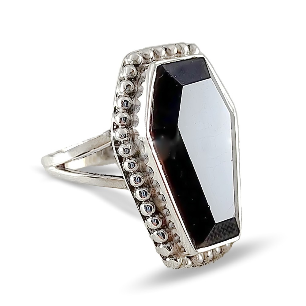 Solid 925 Sterling Silver Black Onyx Coffin Stone Gothic Victorian Handmade Ring