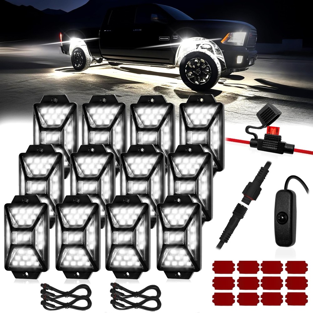 12 Pods Pure White LED Rock Lights Kit with Switch Wiring Harness,6500K 324 L...