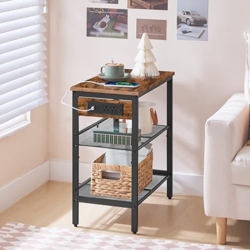 End Table, 3-Tier Narrow Side Table with Charging Rustic Brown + Black
