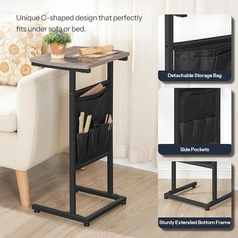 C Shaped Side Table W/ Spacious Storage Bag Multi-Use Nightstand Easy Assembly