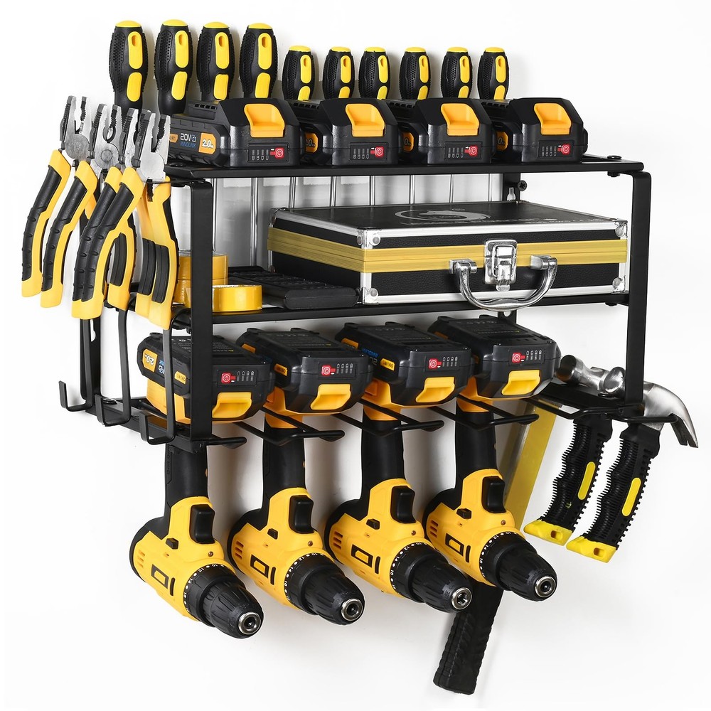 Wall Mount Tool Organizer: 3-Tier Rack with Drill Holders for Garage/Workshop